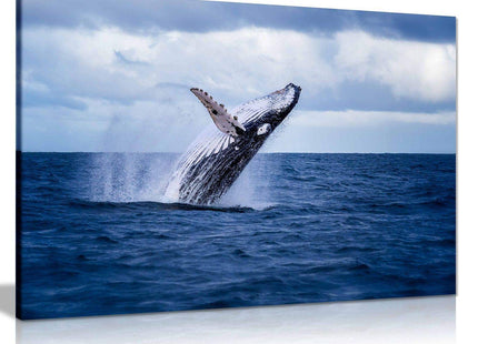 Humpback Whale Jumping Out Water Canvas Wall Art Picture Print Home Decor (24x16in)