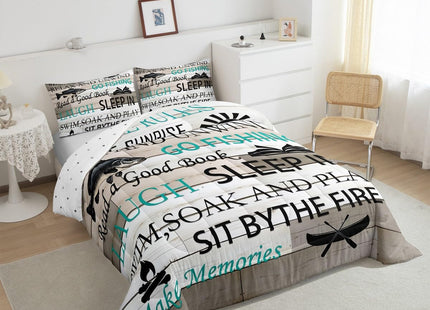 Castle Fairy Lake House Bedding Set Twin Size,Fishing and Boating Comforter 2pcs Kids Teens Boys Men Bedroom Decor Rustic Farmhouse Wood Quilted Duvet Outdoor Adventure Camper Insert,1 Pillowcase