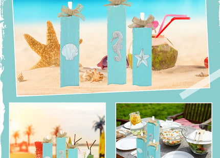 Seeloowy 3 Pcs Beach Decor for Home Office Summer Beach Theme Table Decorations Seahorse Starfish Seashell Wooden Sign Coastal Ocean Tabletop Centerpieces for Bathroom Patio Desk Mantel Tiered Tray