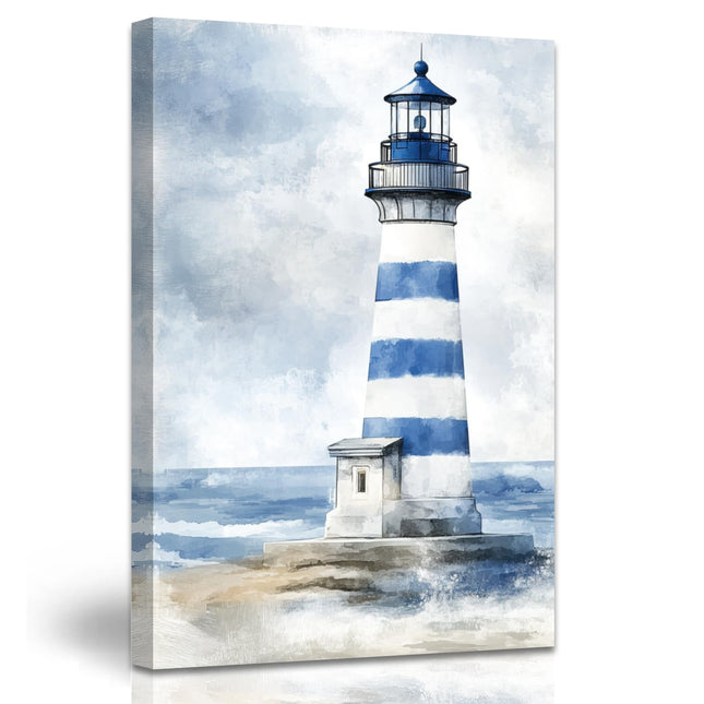 AWPANERAR Lighthouse Pictures Wall Art Nautical Bathroom Canvas Print Lighthouse and Cabin Painting Coastal Seascape Artwork Beach Poster Home Decor Framed (Blue, (18L x 12W))