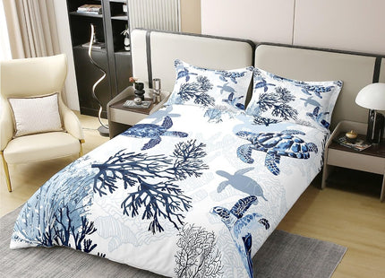 100% Cotton Turtle Duvet Cover - Twin, White Blue Sea Turtle Bedding Set for Kids, Nautical Coastal Tortoise Comforter, Ocean Beach Sea Animal Summer Quilt
