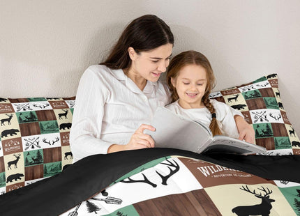 Hunting Bear Deer Comforter Set, Farmhouse Lodge Cabin Bedding Set Twin Size for Kids Boys Teens Bedroom Decor, Rustic Woodland Moose Duvet Insert Western Country Patchwork Quilt with 1 Pillow Case