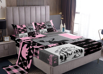 Rustic Camping Sheet Set For Boys, Hunting Elk Deer Bed Sheets Full Size Buffalo Plaid Patchwork Fitted Sheet + Lodge Woodland Farmhouse Flat Sheet For Kids Teens Adult Bedroom Decor,Pink Black Grey