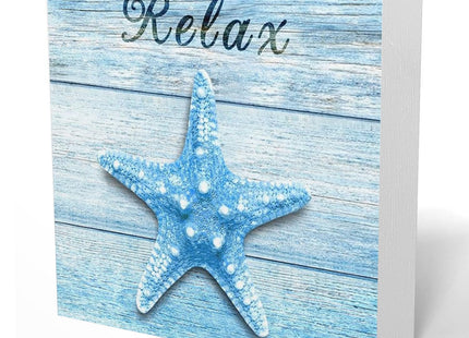 UNCDLV Relax Beach Signs Decor, Rustic Ocean Starfish Blue Wooden Box Sign for Coastal Beach House Bathroom Desk Shelf Decor, Decorations for Home Coastal, 5x5 Inch