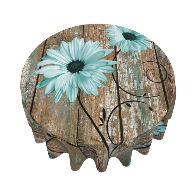 Giwawa Rustic Daisy Round Tablecloth 60 Inch Vintage Teal Sunflowers Wooden Board Circle Table Cover Shabby Chic Flower Barnwood Table Cloth Washable for Dining Kitchen Parties Cabin Decor