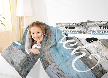 Castle Fairy Rustic Farmhouse Comforter Set King Size Beach Life Bedding 3pcs for Room Decor Blue Grey Stripes Quilted Duvet Ocean Starfish Cabin Wood Insert,2 Pillowcases(CYJS9693ZMD-BZ_USk)