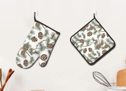 Winter Pine Cones Green Oven Mitts and Pot Holders Sets Heat Resistant Non Slip Christmas Branch Pinecone Kitchen Gloves Hot Pads Potholders 2 Pack Set Holiday Decor for Chef Cooking Bakers Kitchen