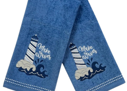 Coastal Guest Hand Bathroom Towels, Navy Make Waves Lighthouse, 16x25