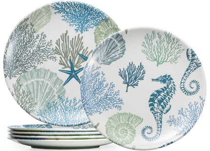 UNK U 10.5-Inch Ocean Theme Melamine Plates Set of 6, Nautical Seashell Dinner Plates, Dishwasher Safe Beach Party Plates for Coastal Dining & Special Events