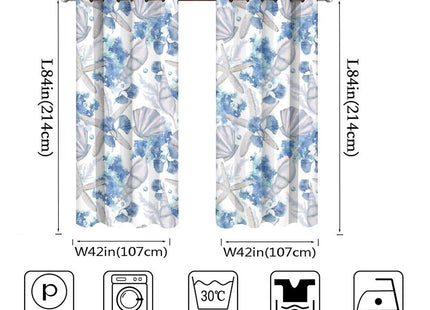 Llylumty Coastal Beach Curtains,Watercolor Ocean Seaweed Seashells Blue Shell Blackout Grommet Window Drapes for Bedroom Living Room 42x84in,2 Panel Set