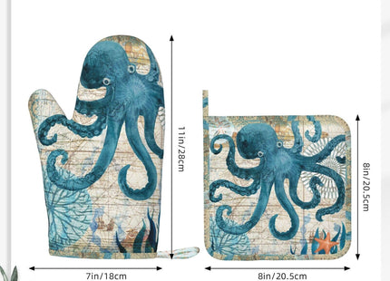 Octopus Nautical Retro Ocean Oven Mitts And Pot Holders Sets, 4pcs Silicone Non-Slip Kitchen Mitts Potholders Heat Resistant Bbq Gloves Hot Pads For Cooking Grilling Baking Microwave Chef Gifts Decor