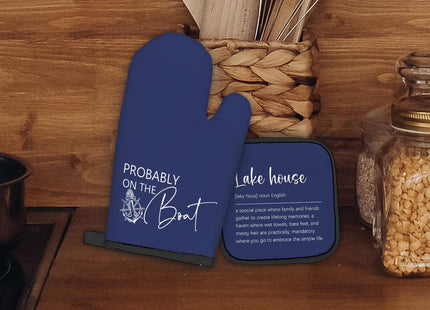 FIicy Lake House Gifts Navy Blue Oven Mitts and Pot Holders Sets, Lake Lovers Gifts Kitchen Accessories Sets Decor, Blue Probably on The Boat Heat Resistant Oven Glove Potholders for Kitchen Baking