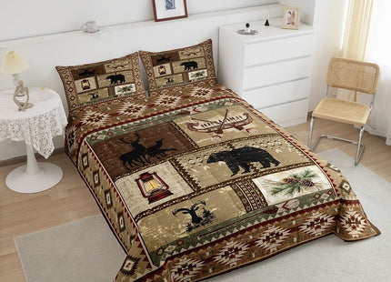 Retro Cabin Queen Comforter Set,Woodland Wildlife Bear Moose Deer Silhouette Quilt for Men Women Adults,Bohemia Wooden Canoe Duvet Insert Southwest Exotic Aztec Patchwork Decor Bedding Set,Brown