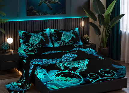 Nttopship Black Sea Turtle 4 Pieces Bed Sheet Sets Queen Size Sea Turtle Bedding Sets with 16" Deep Pockets Oceans and Starfish Bedroom Decor,Bedding Set 4 PCS(1 Fitted+1 Flat+2 Pillowcases)