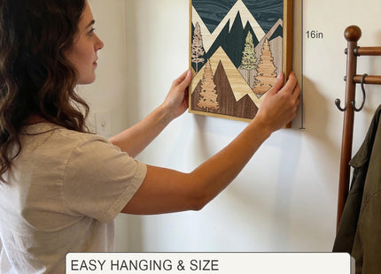 PHOPAGO Morden Mountains Framed Wall Art Boho Woodcut Pine Tree Forest Nature Landscape Artwork Bohemain Farmhouse Rustic Bedroom Home Decor - 12x16in Natural Framed