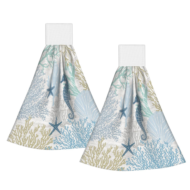 Giwawa Coastal Coral Kitchen Hanging Towel Set of 2 Summer Ocean Seahorse Dish Tea Bar Loop Hook Towels Washcloth for Bathroom Laundry Room Decor
