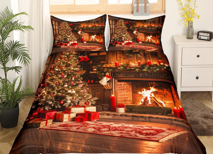 Xmas Duvet Cover Set Queen Size,Christmas Fireplace Christmas Tree Bedding Set Kids Boys Girls Room Decor,Merry Christmas Comforter Cover 3Pcs,Pine Tree Bedspreads Cover,2 Pillowcases(NO Comforter)