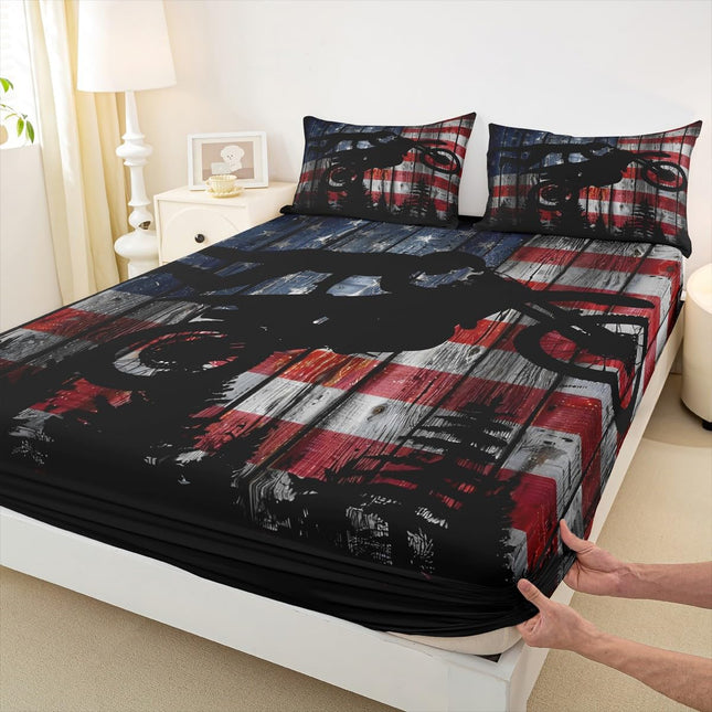 American Flag Fitted Sheet Twin Size Boys Dirt Bike Racing Motocross Rider Bedding Set Kids Teens Men Rustic Farmhouse Wooden Deep Pocket Sheet Retro Black Pine Tree Silhouette Bed Sheet 2pcs