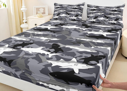 Erosebridal Boys Camo Sharks Bed Sheets Queen,Kids Black White Grey Camouflage Sheet Set Deep Ocean Animal Bedding Set,Soft Microfiber Cool Wildlife Fitted Sheet + Flat Sheet + 2 Pillow Cases