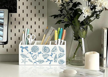 LIANGW Blue Preppy Beach Pen Pencil Holder for Desk, Beach Office Decor, Coquette Blue Bow Coastal Seashell Beachy Wooden Box Sign Decorations for Girly Room Bedroom Dorm Office Desk Tabletop