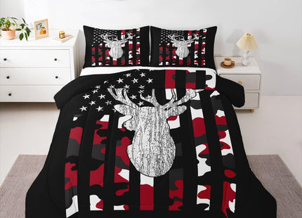Camo Deer Comforter Set Queen Red Black Camouflage American Flag Bedding Set For Teen Boys Kid,Western Hunting Antler Bedding Comforter Sets Woodland Animal Quilt Set Rustic Farmhouse Room Decor 3 Pcs