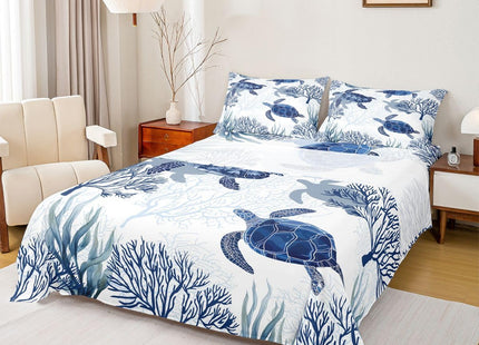 Turtle Sheet Set Twin,White Blue Sea Turtle Bedding Set for Kids Boys Girls,Reptile Tortoise Fitted Sheet Ocean Beach Theme Top Sheet,Hawaiian Coastal Child 3 Pcs Bed Set,1 Flat Sheet, 1 Pillowcase