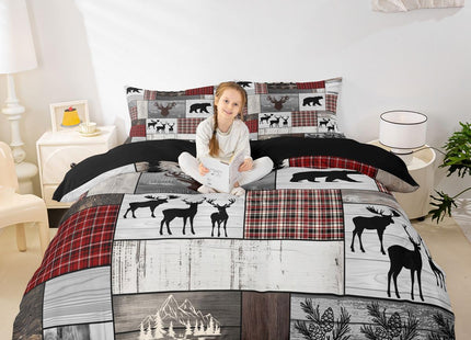 Erosebridal Hunting Deer Bear Bedding Set Twin, Rustic Elk Woodland Animal Comforter Cover Farmhouse Cabin Lodge Decor, Retro Wildlife Duvet Cover Red Black Buffalo Plaid Bedspread Cover, Grey