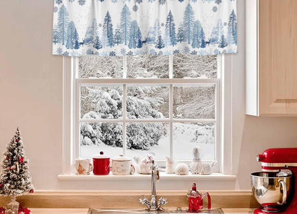 Christmas Curtain Valance for Windows Blue Snowflake Winter White Rod Pocket Valance Window Treatments Reindeer Elk Forest Short Curtains for Kitchen Windows Bathroom Bedroom 42x12in