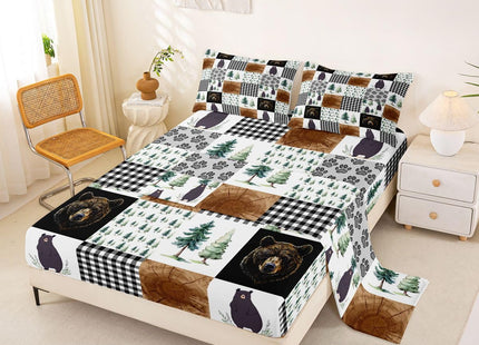Kids Rustic Black Bear Bed Sheets Twin Woodland Animal Fitted Sheet For Boys Teen Men,Patchwork Black White Grey Buffalo Plaid Sheet Set Farmhouse Wooden Pine Tree Bear Paw Flat Sheet 3 Pcs