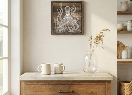 Octopus Bathroom Wall Art Decor: Ocean Sea Theme Wood Print Picture Framed Maine Life Coastal Artwork Beach Nautical Animal Painting for Bedroom Home Office 12x12 Inch