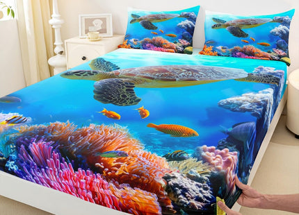 Manfei Sea Turtle Sheet Set Twin,Fish Ocean Animal Bedding for Kids Teens Room Decor,Marine Mediterranean Style Sea Blue Bed Sheet 3pcs with Deep Pocket Fitted Sheet + Flat Sheet + 1 Pillowcase