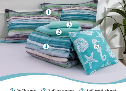 Holawakaka Beach Stripe Bedding Sets 6 Pieces, Aqua Coastal Striped Comforter Set King Size All Season Geometric Bed Set, Nautical Bed in a Bag with Comforter, Sheets and Shams