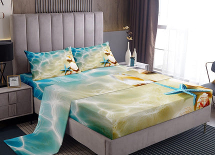 Erosebridal Ocean Bed Sheets Set King Beach Fitted Sheets Coastal Nature Theme Pattern Teal Flat Sheet Boys Girls Hawaiian Top Sheet Sea Wave Animals Starfish Sheet Set 2Pillow Cases, Blue Room Decor