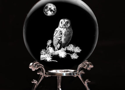 PYJ3DLAMP 3D Owl Crystal Ball with Stand Lase Engraved Glass Sphere Paperweight Owl Decor Gift