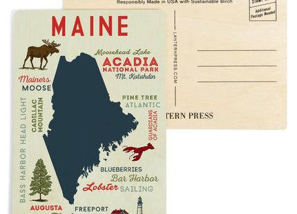 Maine, Typography and Icons (4x6 Birch Wood Postcards, 2-Pack Stationary, Rustic Home Wall Decor)