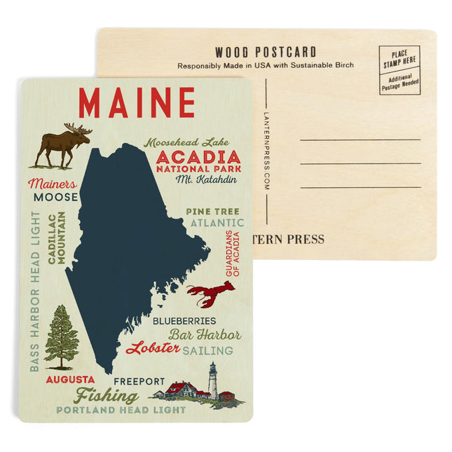 Maine, Typography and Icons (4x6 Birch Wood Postcards, 2-Pack Stationary, Rustic Home Wall Decor)