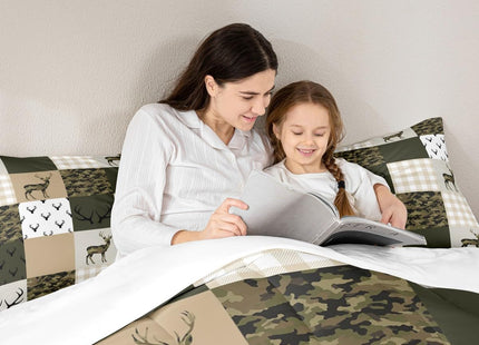 Homewish Camouflage Comforter Set Full Size Woodland Camo Quilt Set Green and Beige Plaid Print Bedding Set 3pcs for Kids Boys Teens Room Decor, Animal Deer Antlers Duvet Insert with 2 Pillowcases