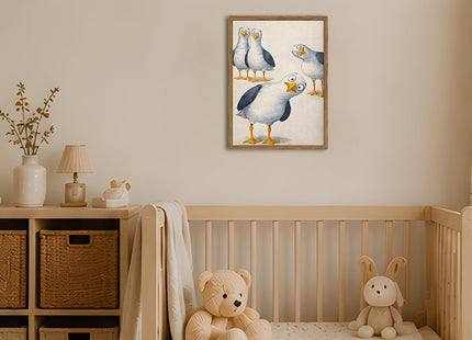 Funny Seagull Nursery Wall Art, Cute Bird Kids Room Wall Decor Painting Whimsical Coastal Animal Poster Canvas Prints Picture for Bedroom Living Room Bathroom 12x16 inch Wood Framed