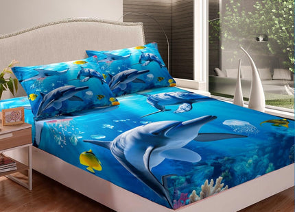 Cute Dolphin Fitted Sheet Twin for Kids Boys Girls,Coastal Animal Bedding Set,Ocean Creatures Under The Sea Bed Sheets,Blue Wave Hawaiian Beach Bed Set