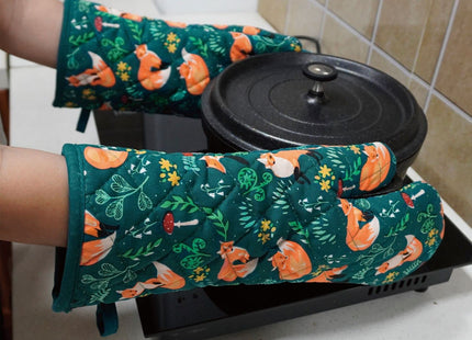 Oven Mitts Cotton Fashion Cute Fox Design 1 pair Heat Resistant Oven Gloves Safe Cooking Baking Grilling Barbecue Machine Washable (fox, oven mitts)