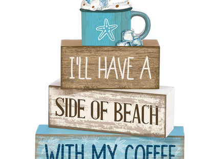 Lineshading 4 Pcs Beach Coastal Wooden Block Signs with Coffee Cup Summer