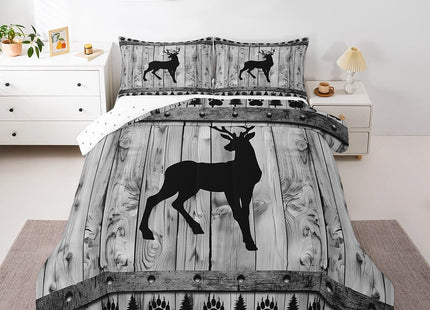 Castle Fairy Deer Bedding Set Twin Size,Rustic Farmhouse Wood Board Comforter Set 2Pcs,Wildlife Hunting Quilt Set for Kids Teens Adult Room Decor,Grey Black Bear Pine Print Duvet Insert,1 Pillowcase