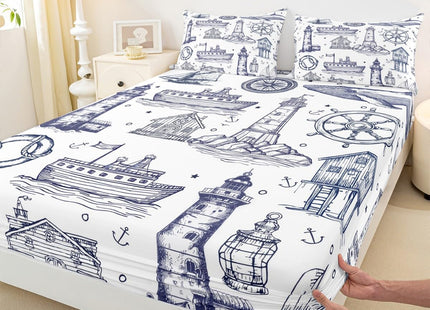 Sea Nautical Fitted Sheet Queen Size,Lighthouse Ship Sailboat Bed Sheet Coastal Ocean Theme Bedding Set 3Pcs for Kids Boys Adult Room Decor,Sketch Style Navy White Deep Pocket Sheet,2 Pillowcases