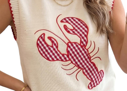 Womens Lobster Sleeveless Sweater Vest Crawfish Knit Shirts Tops Beige S