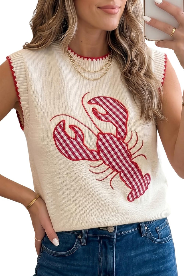 Womens Lobster Sleeveless Sweater Vest Crawfish Knit Shirts Tops Beige S