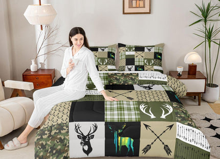 Erosebridal Deer Hunting Camo Twin Bedding Set - Rustic Cabin Lodge Comforter Set for Hunter, Green Camouflage Patchwork Plaid Quilt for Boys Kids Teen, Western Bedroom Decor - 1 Pillowcase