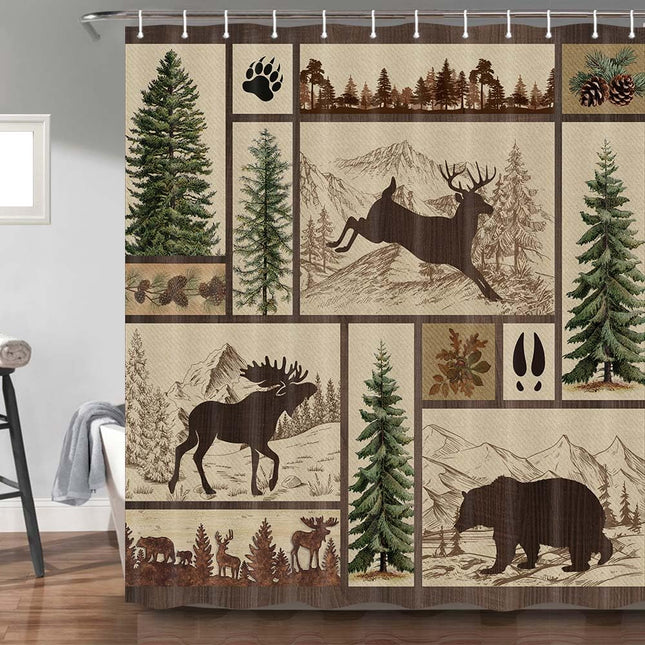 Torich Rustic Cabin Shower Curtain for Bathroom, Forest Bear Deer Wildlife Country Bath Curtains, Hunting Camping Waterproof Fabric Bathroom Accessories Set, 69x78 inch with Hooks