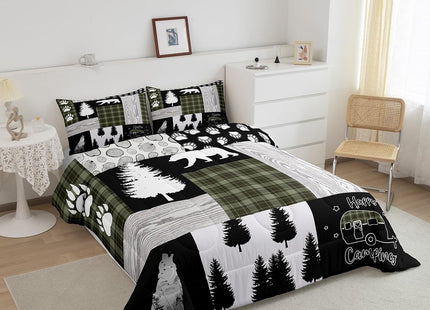 Woodland Bedding Set Hunting Bear Wolf Green Buffalo Plaid Patchwork Comforter Set King Rustic Cabin Decor,Girls Boys Wildlife Animals Down Comforter for RV Camper,Footprint Pine Tree Duvet Insert