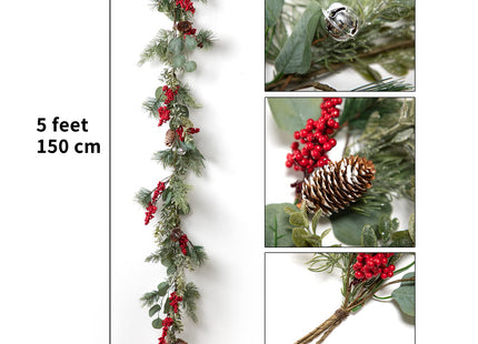 LOHASBEE Artificial Christmas Garland, 5 Feet Pine Cone Eucalyptus Garland with Red Berries, Bells & Greenery Glitter for Christmas Indoor Outdoor Garden Gate Front Door Home Wall Window Stair Decor