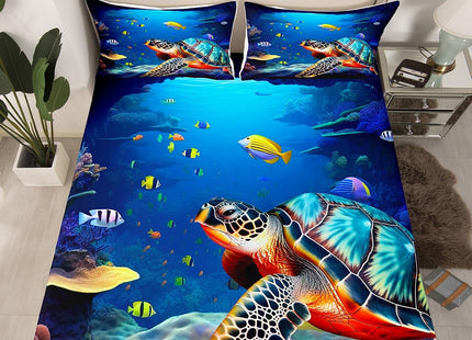 Coastal Beach Theme Kids Printed Sheet Set Twin Deep Pocket,Sea Turtle Sheets & Pillowcase Sets,3 Piece Ultra Soft Fish Summer Cool Microfiber Bed Sheets+Reptile Flat Sheet+ Ocean Fitted Sheet